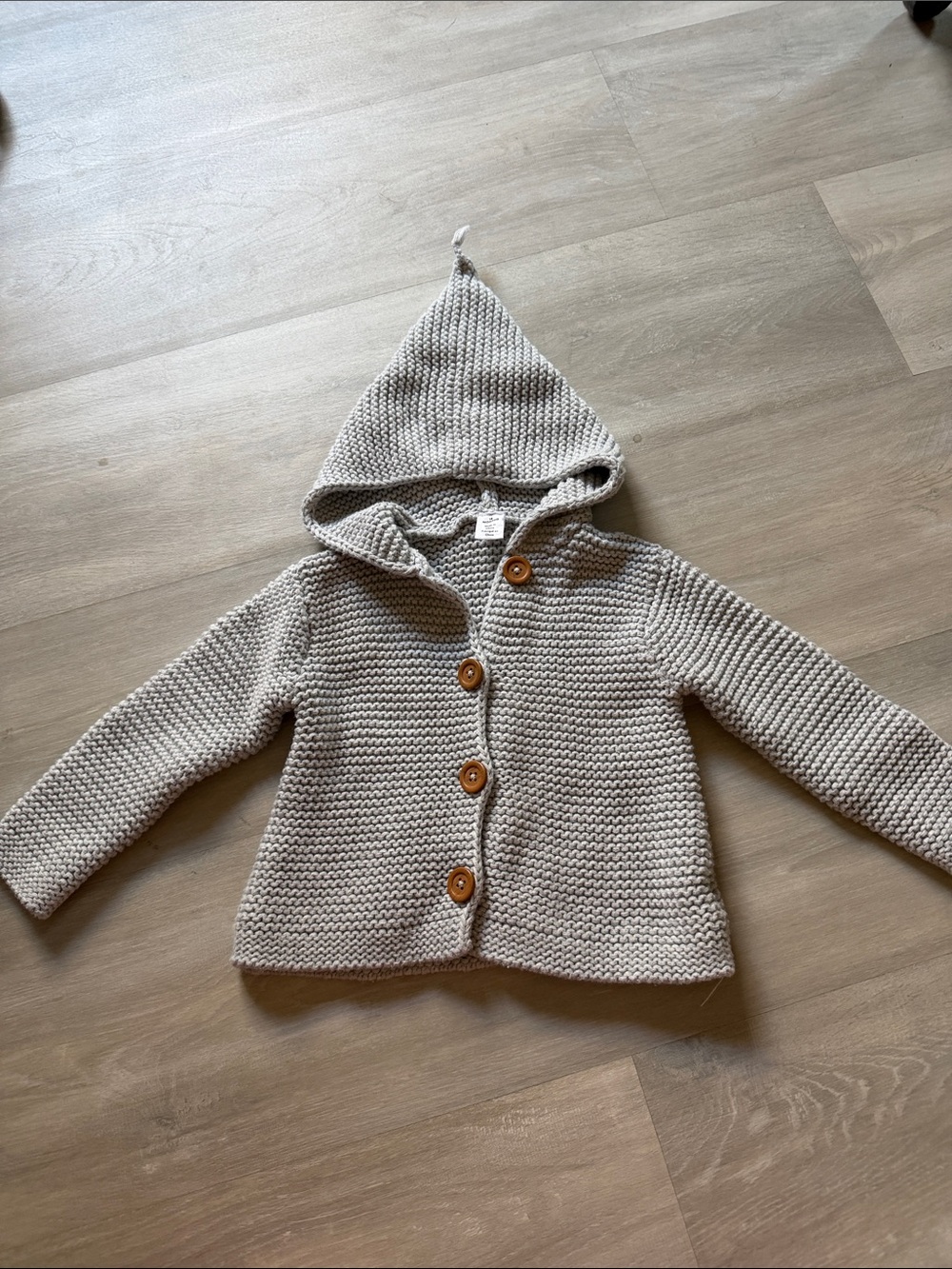 Nordstrom Light Gray Knit Hooded Cardigan with Brown Button 18 months